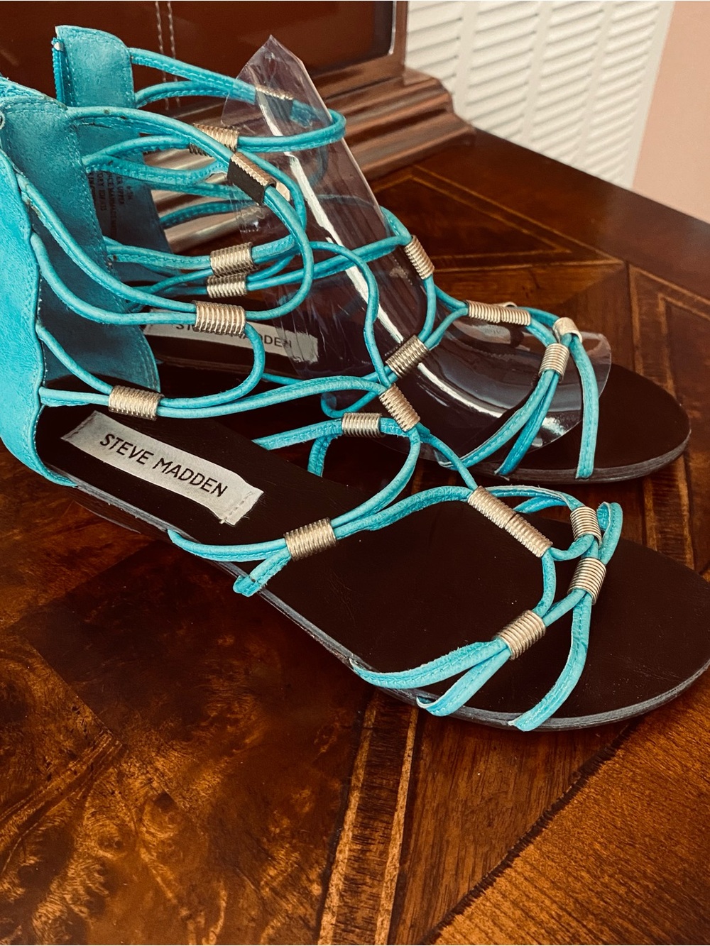 Steve Madden Turquoise Strappy Gladiator Sandals with Metallic Coil Accents